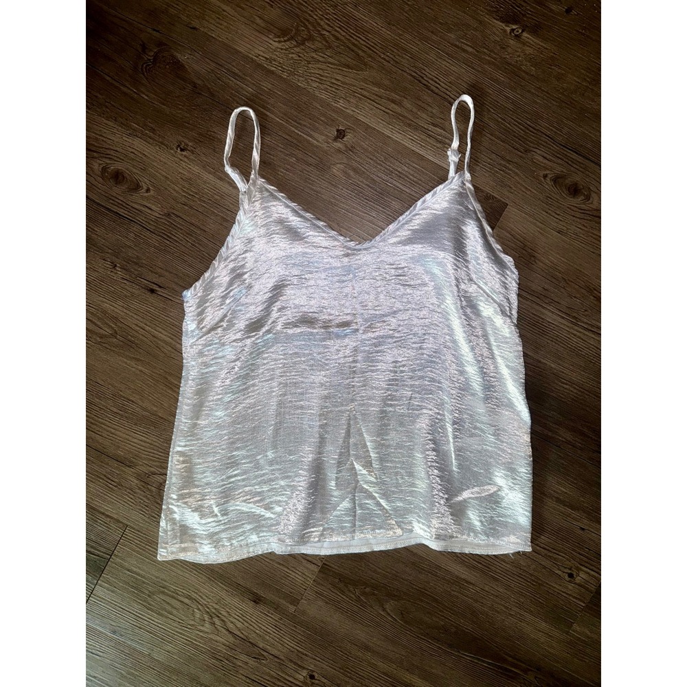 SHEIN Womens Silver Metallic Crinkle V-Neck Cami Top Size M Adjustable Straps
